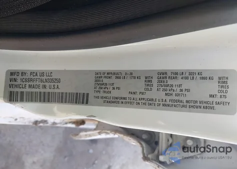 2020 Ram 1500 Big Horn/Lone Star из США, поврежденный, VIN 1C6SRFFT6LN335250